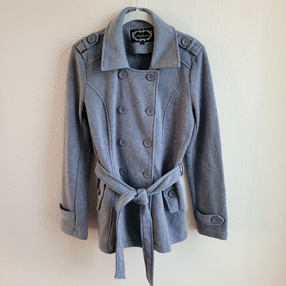 Double Breasted Peacoat Womens S Gray Belted Ambiance Apparel